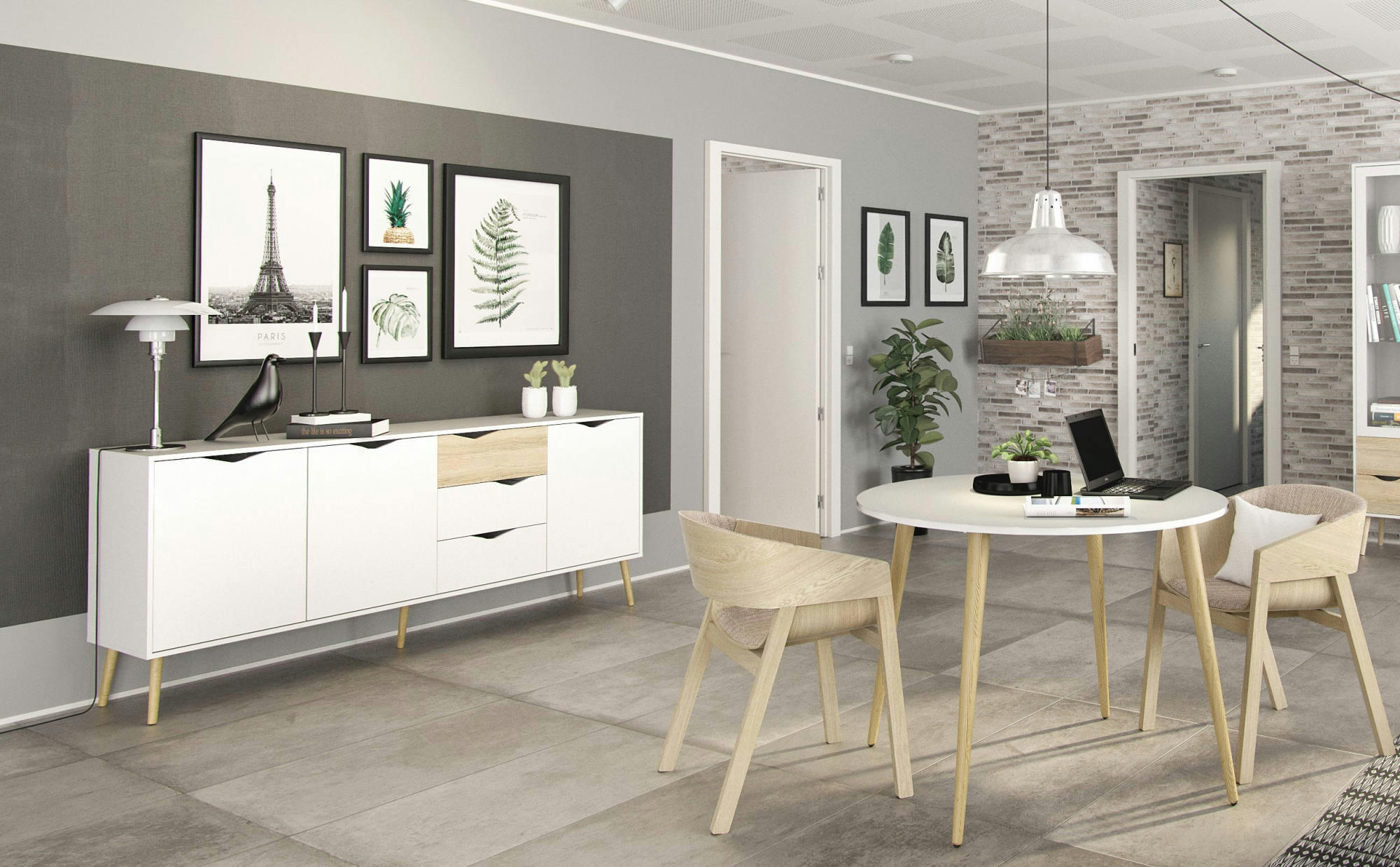 - Buffet à 3 portes effet bois blanc