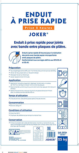 Enduit à prise très rapide 25kg Joker