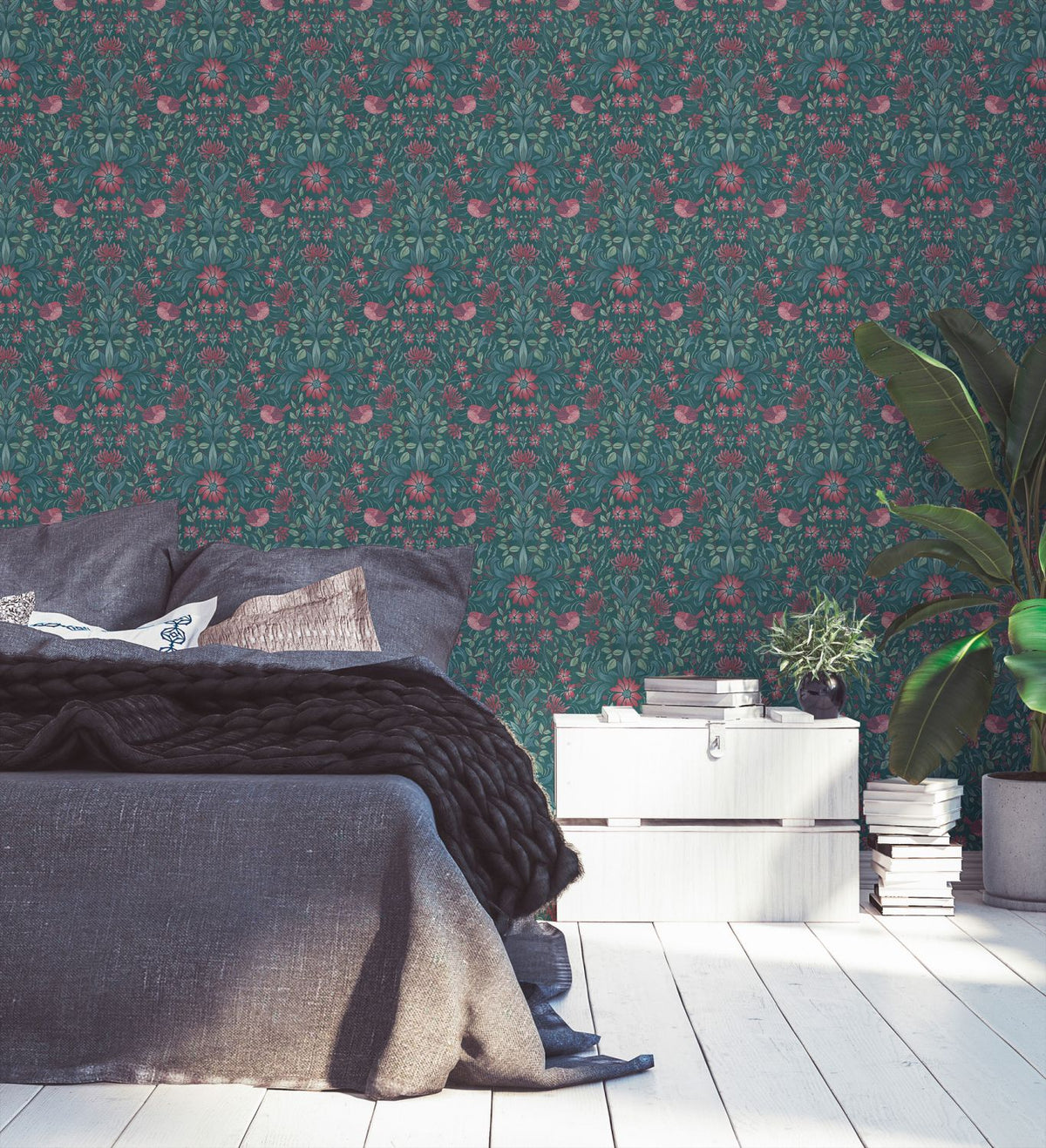 Livingwalls behang bloemmotief donkergroen en rood - 53 cm x 10.05 m - AS-390754