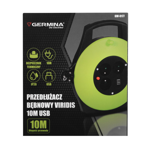 Przedłużacz bębnowy Germina 10m 3x1,5mm2 3gn Z/0   USB 16A IP20 1szt.