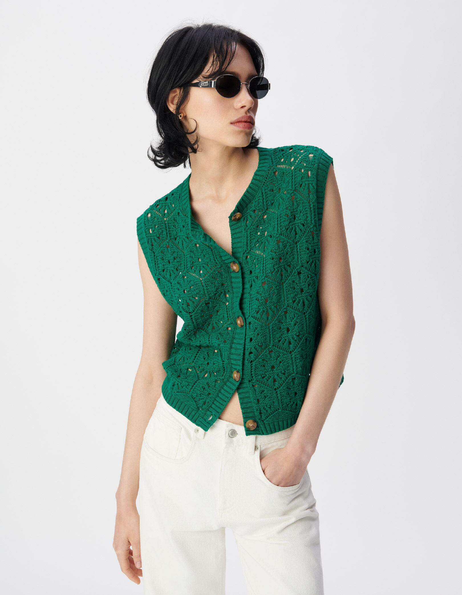 Cardigan sans manches vert tricot ajouré Femme