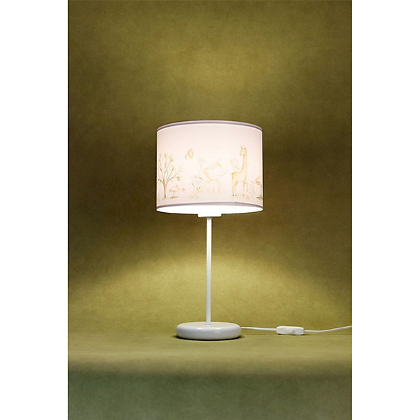 Lampe de chevet enfant Sweet Dream 22,5 x 22,5 x 44 cm Tissu PVC imprimé animaux de la forêt sur fond blanc, intérieur blanc