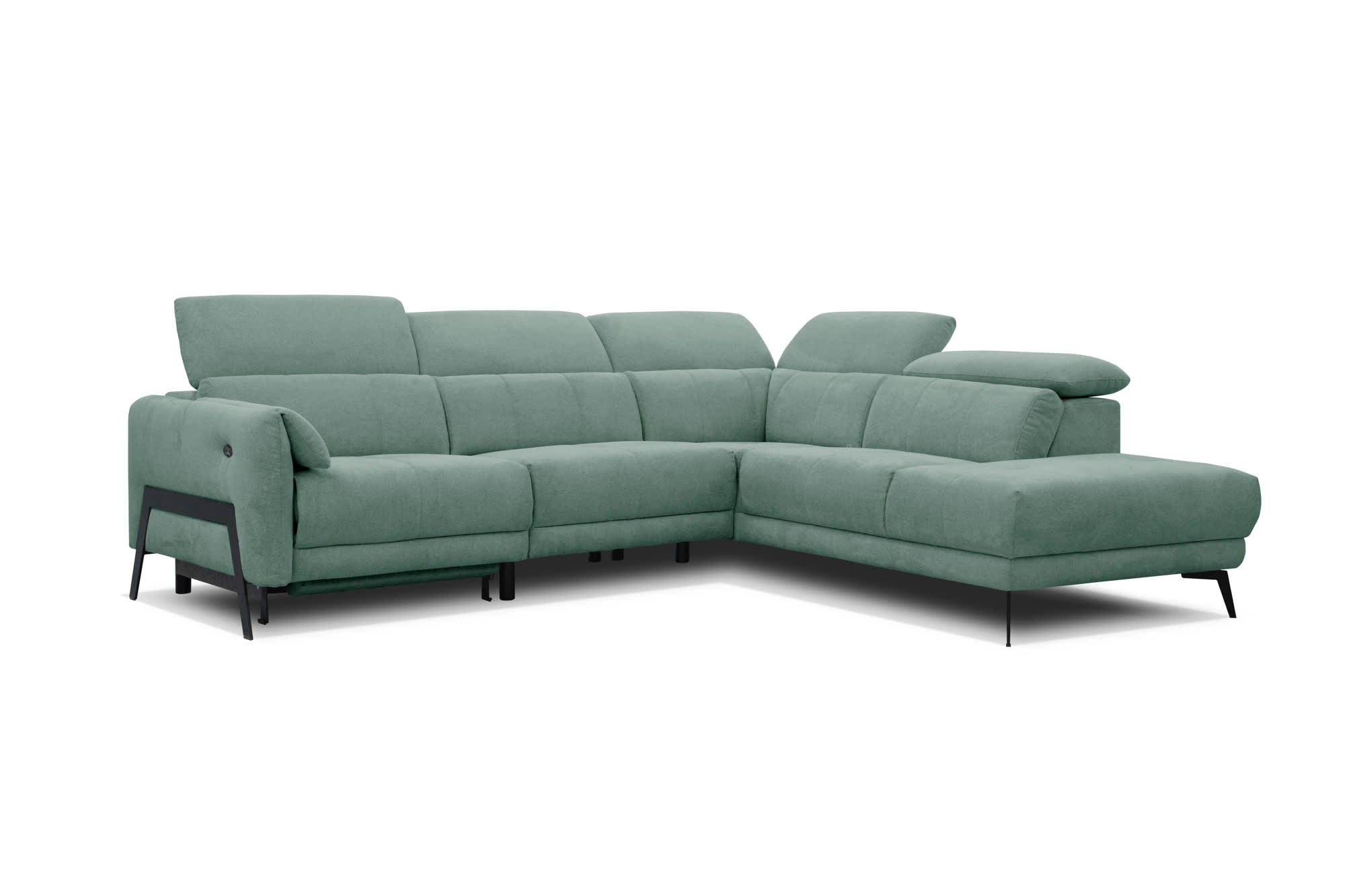SCALA - Canapé d'angle droit, 5 places avec une relax électrique, Tissu Vert