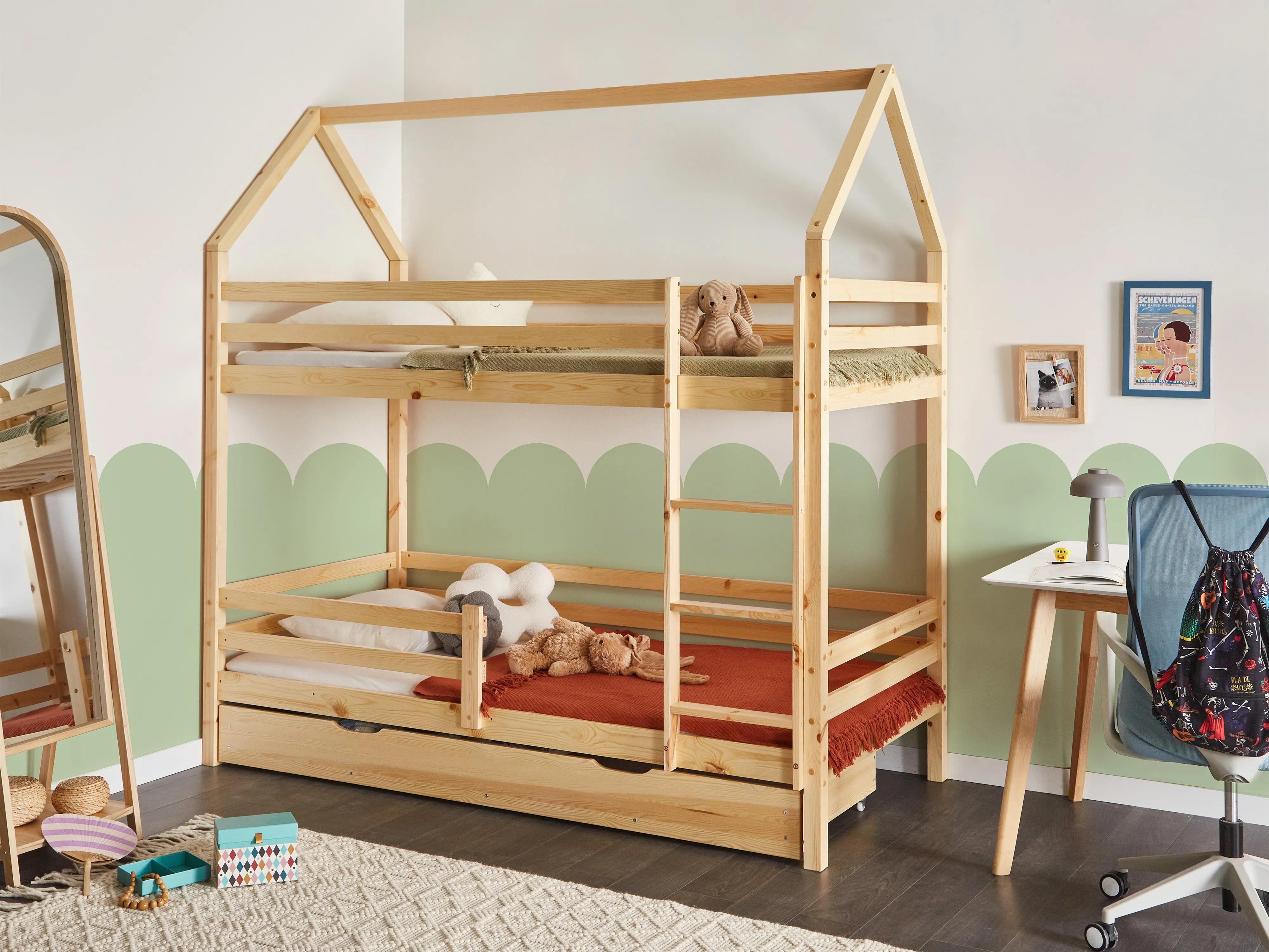 Bunk Bed with Drawers House Pine Wood GIRGOLS 90 x 200 cm (EU Single) with Storage Light Brown