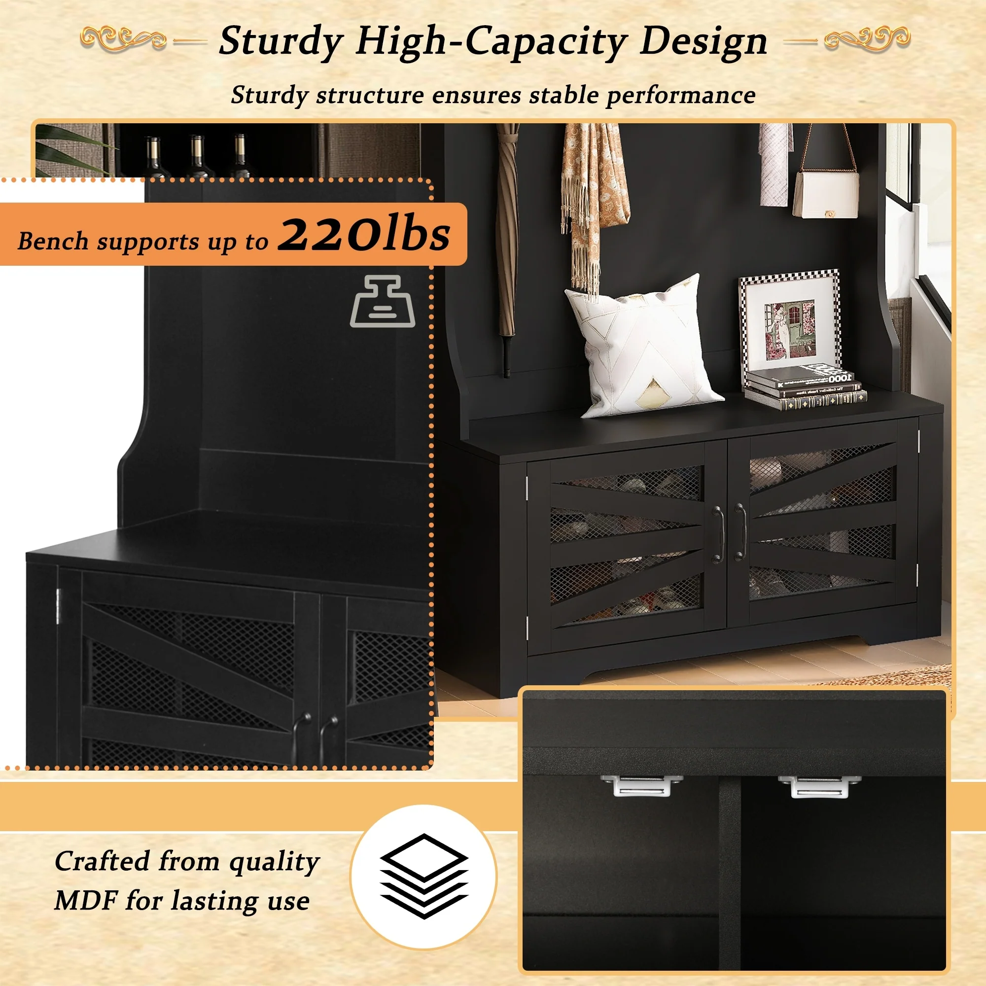 Entryway Bench with Coat Rack, 3-in-1 Design, Adjustable Shelves & 7 Hooks for Entrance & Living Room