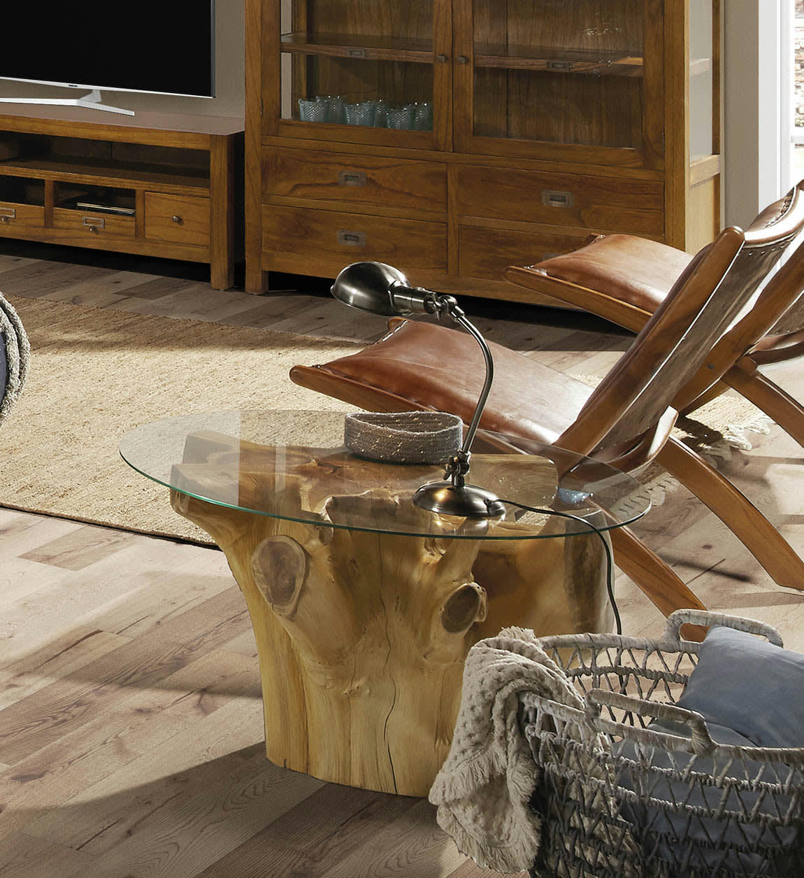 - Table basse en bois de teck beige et verre L80