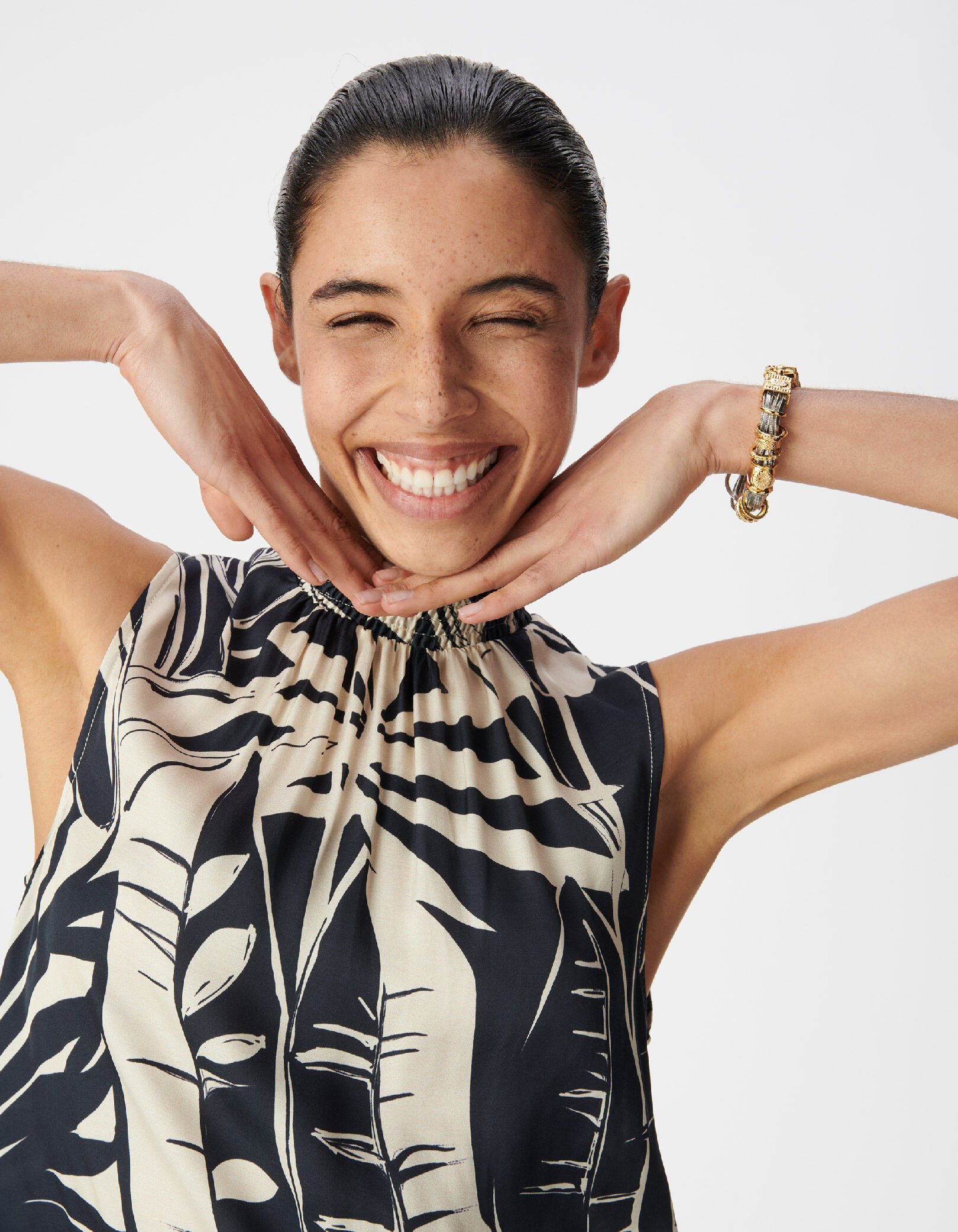 Top sans manches marine satiné imprimé maxi feuilles Femme