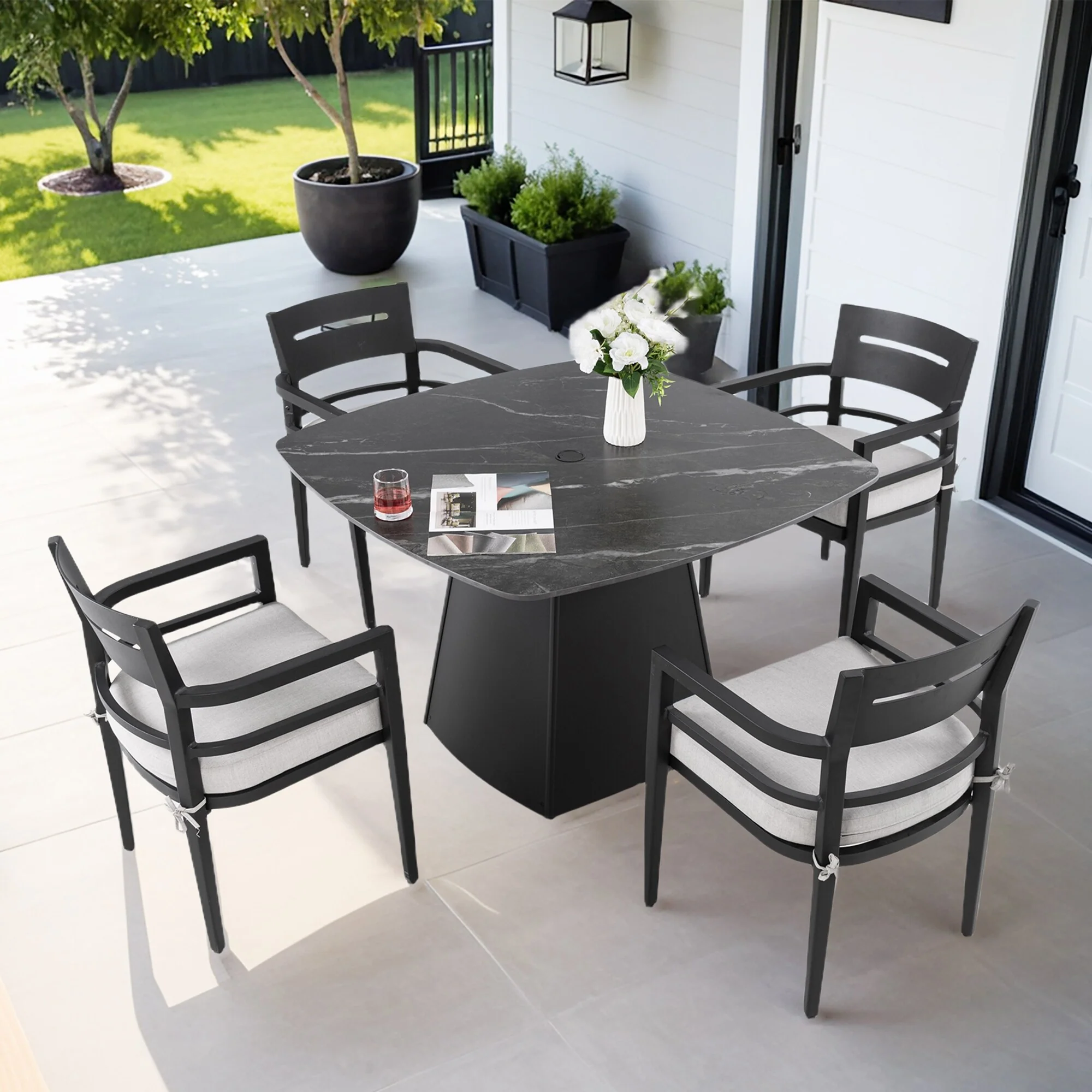 5-Piece Premium Pedestal Dining Set – 44 Rounded Square Sintered Stone Table & 4 Armchairs with Sunbrella Cushions‌