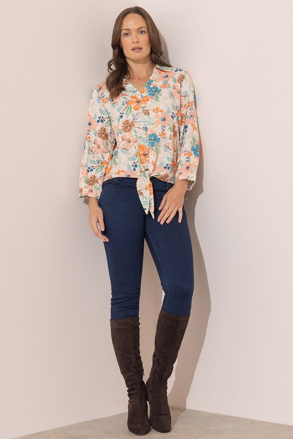 Klass. Tie Front Floral Print Top