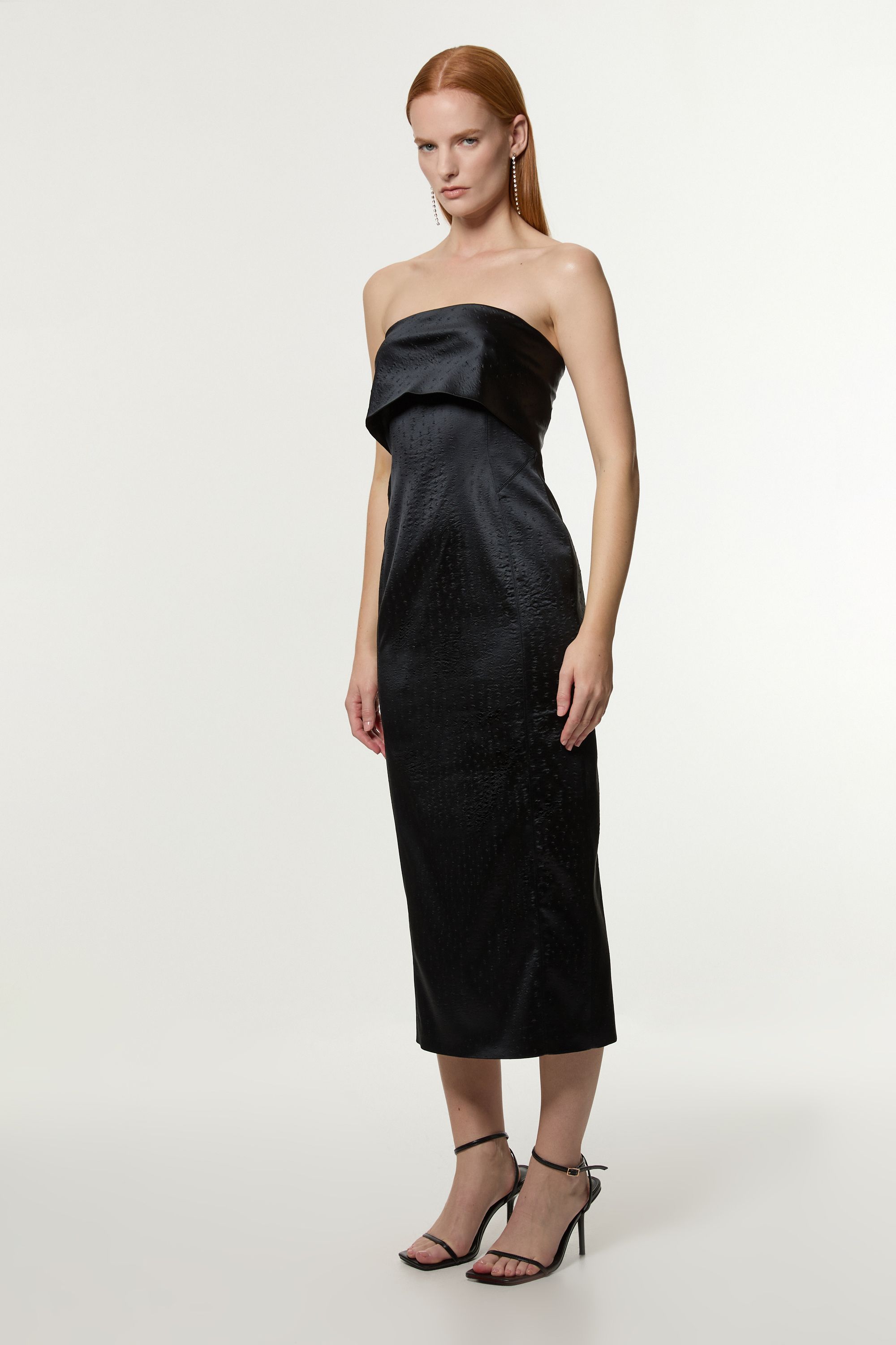 KarenMillen Italian Structured Textured Satin Bandeau Tailored Maxi Dress