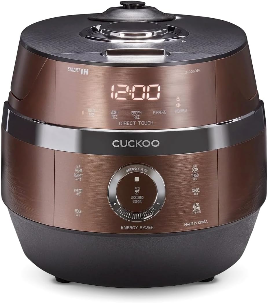 CUCKOO High Pressure Rice Cooker 6-Cup Uncooked / 12-Cup Cooked with Induction Heating Technology, Versatile Rice Maker with 16 Menu Options and Steam Plate, Voice Guide, Copper (CRP-JHR0609F)