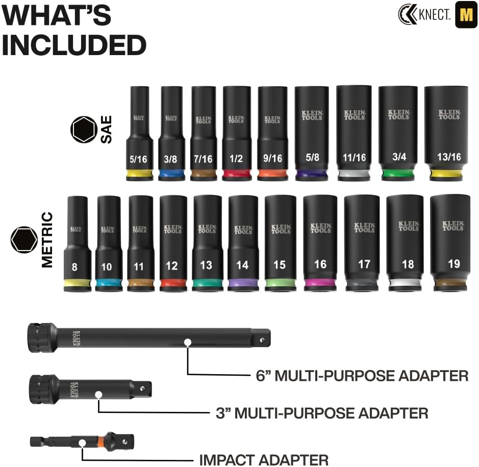 Klein Tools 65121IMPCT KNECT Deep-Well 3/8-Inch Drive Impact Socket Set, SAE and Metric, 23-Piece Tool Set, Impact Driver Adapter, Multi-Purpose Wrench Adapter, Color-Coded, MODbox Socket Organizer
