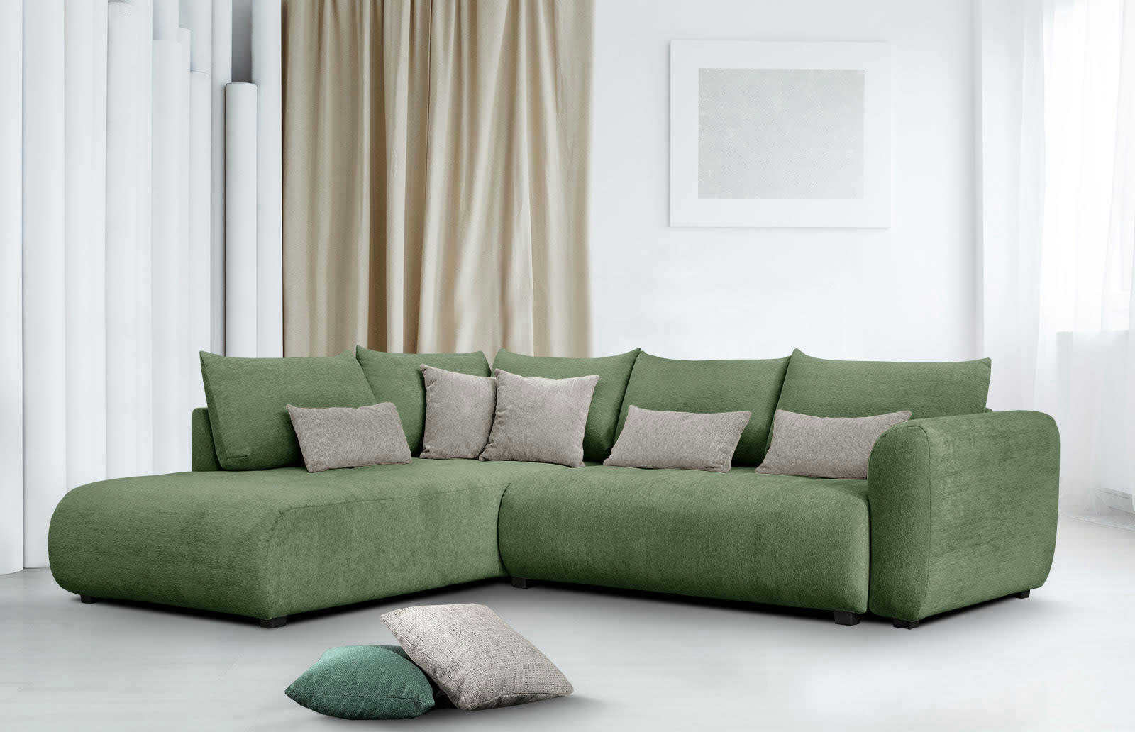 SORENO - Canapé d'angle gauche 5 places vert foncé avec le couchage