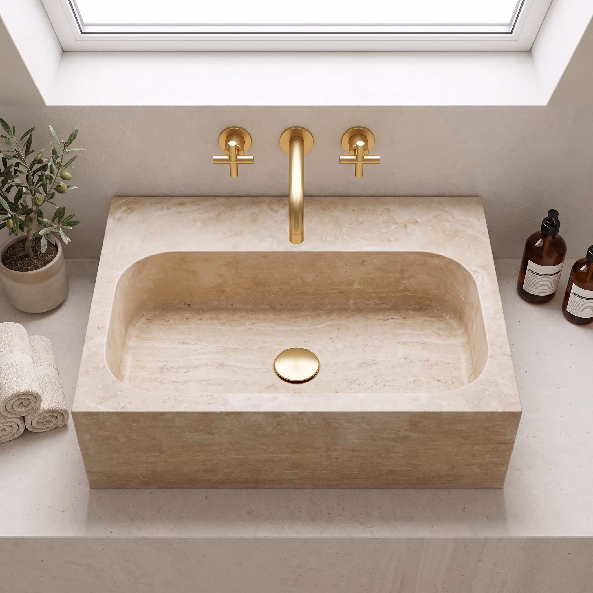 Hand-Carved Travertine Sink with Shelf, Beige Stone Bathroom Vanity Basin