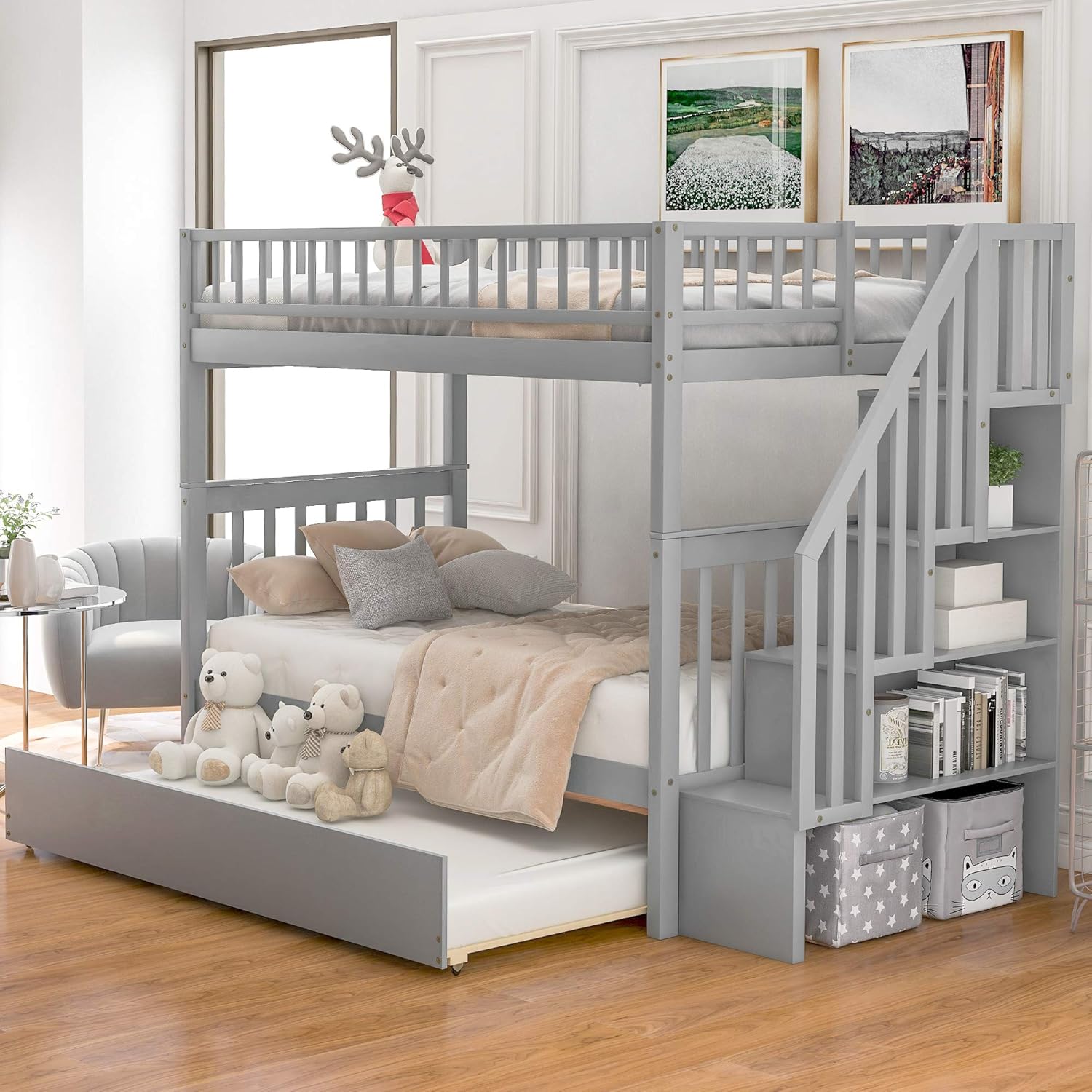 Merax Twin Over Twin Bunk Bed with Trundle, Storage Staircase and Full Length Guardrail, Solid Wood Stairway Bunk Bed, No Spring Box Needed (Grey)