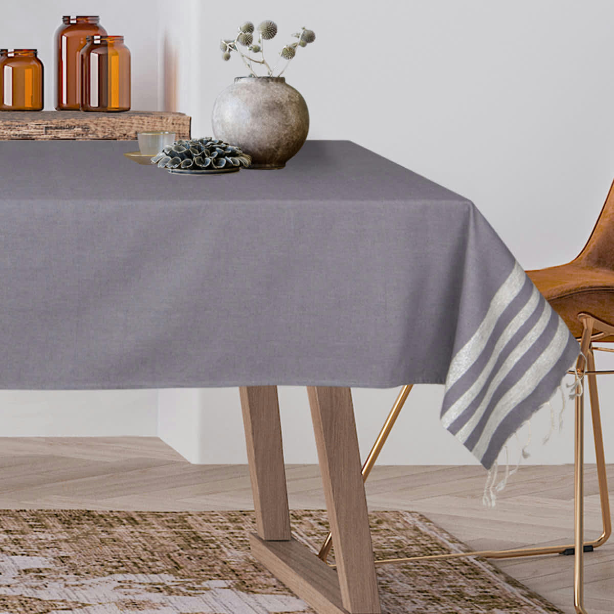 HAMPTONS - Nappe carrée lurex coton  170x170 gris moyen / argent