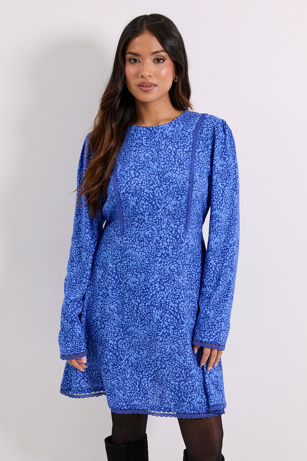 Dorothy Perkins Petite Blue Animal Lace Trim Detail Tie Back Printed Mini Dress