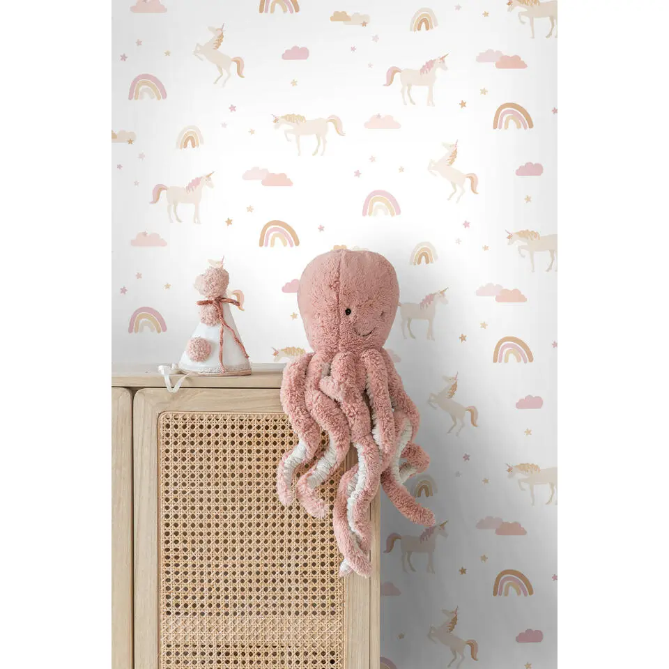 ESTAhome behang unicorns wit, zacht roze en okergeel - 53 cm x 10.05 m