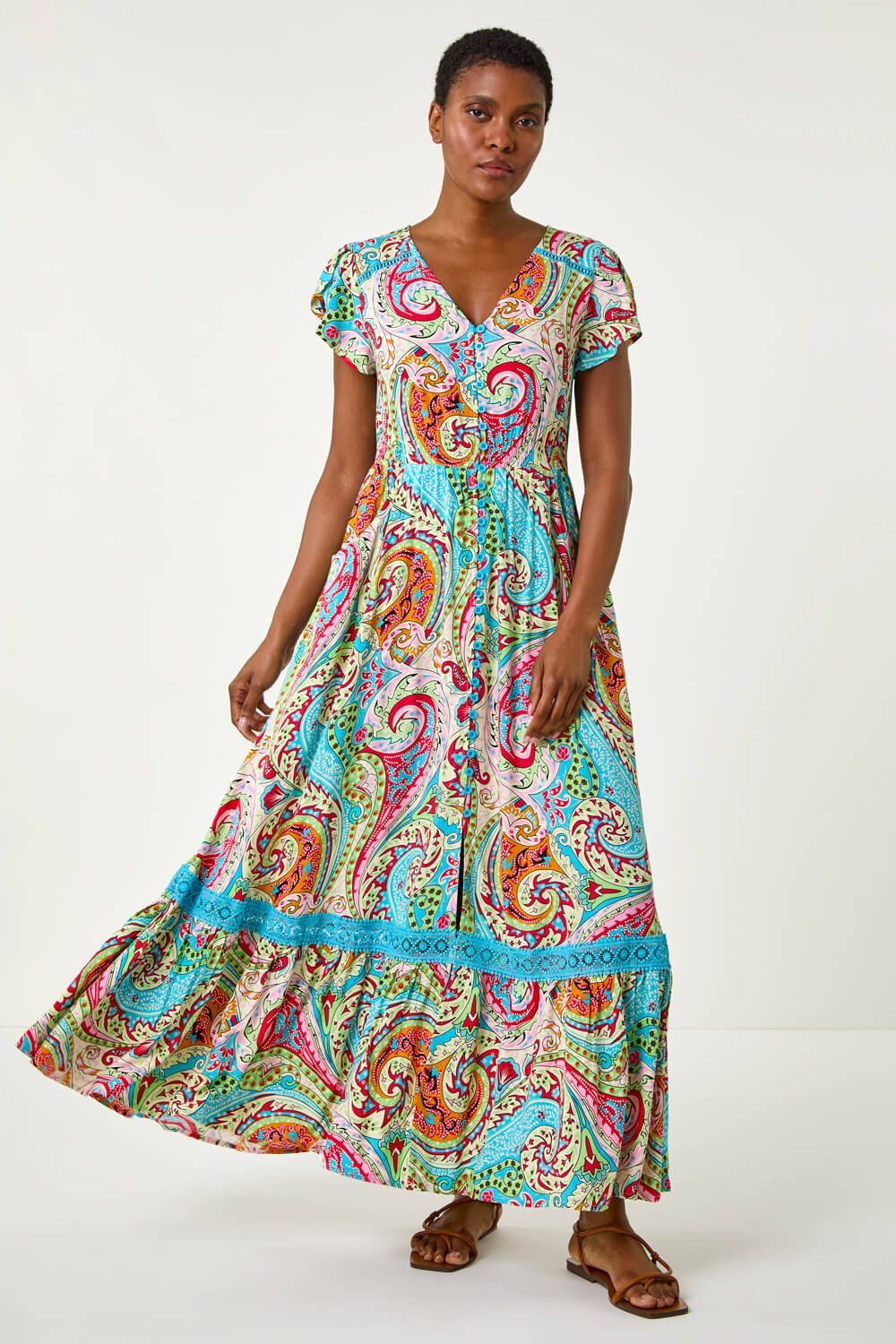 Roman Paisley Print Shirred Waist Maxi Dress