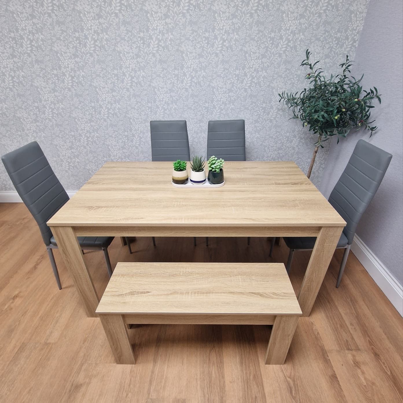 KOSY KOALA Oak Effect Dining Table Set With 4 Grey Faux Leather Chairs And Bench Dining Room Furniture