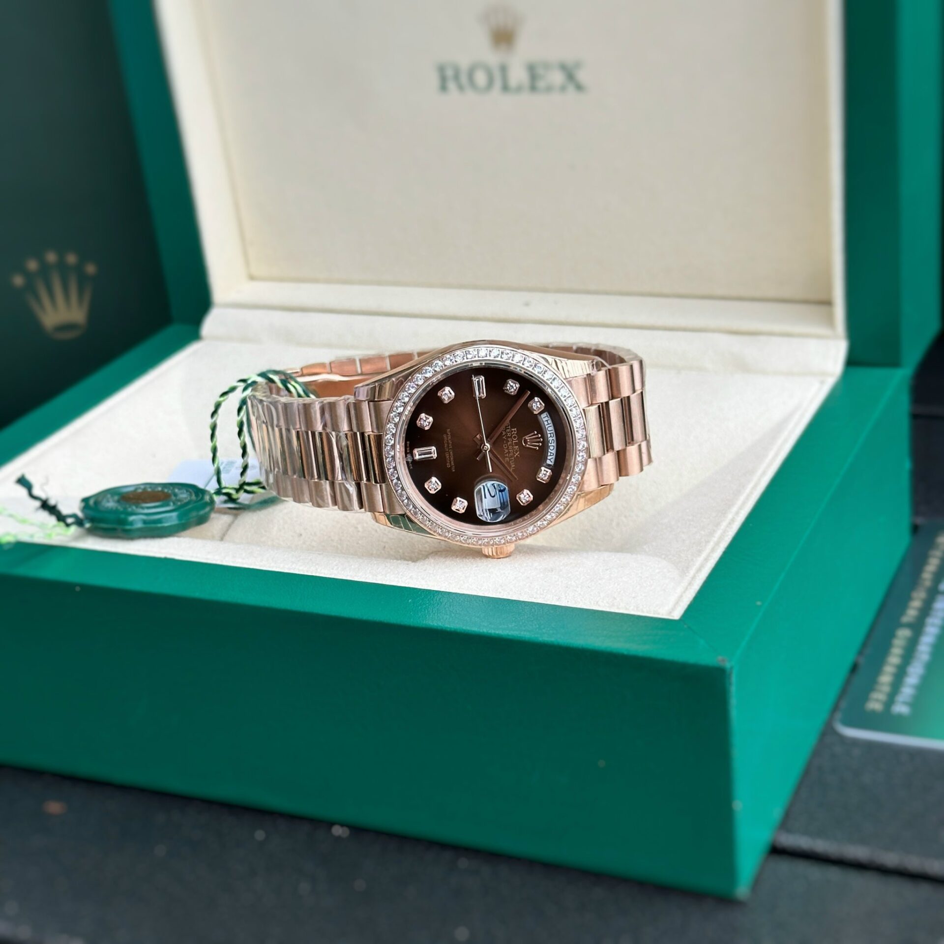 Rolex Day-Date RG Plated Chocolate Dial CZ Diamonds 36mm Replica