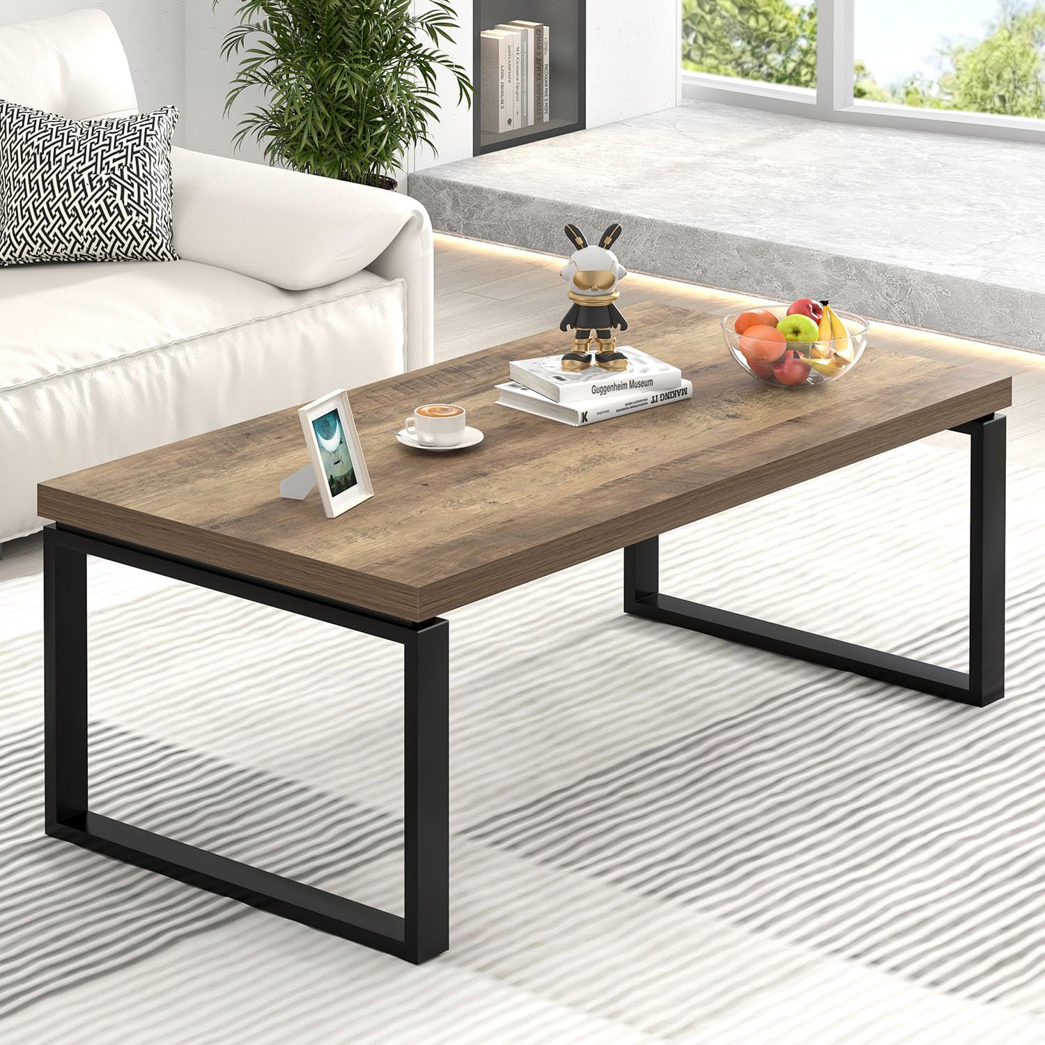 EXCEFUR Coffee Table, Modern Wood and Metal Living Room Table, Industrial Rectangle Center Table for Home Office, Rustic Oak, 47 Inch
