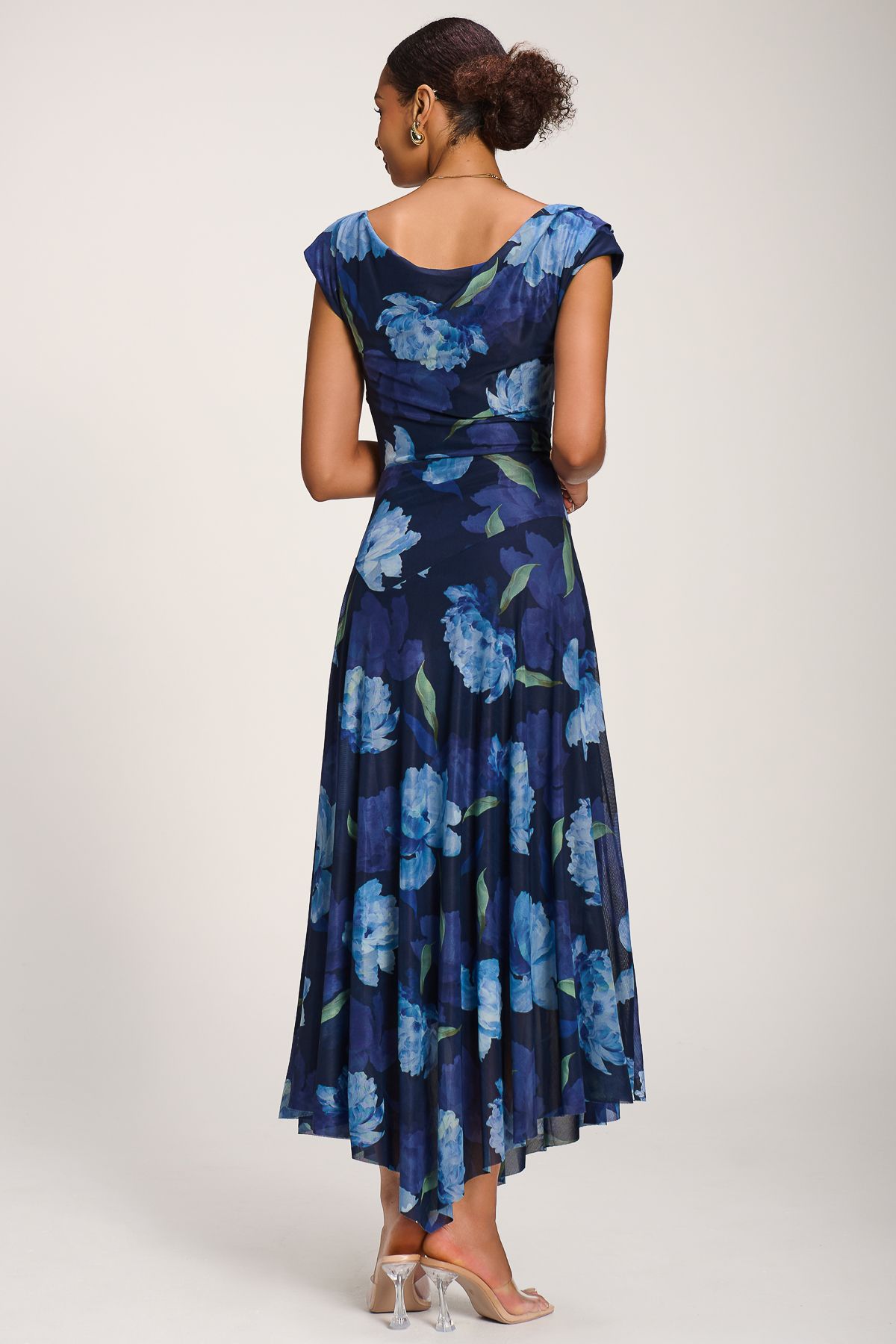 Jolie Moi Asymmetrical Draped Mesh Maxi Dress