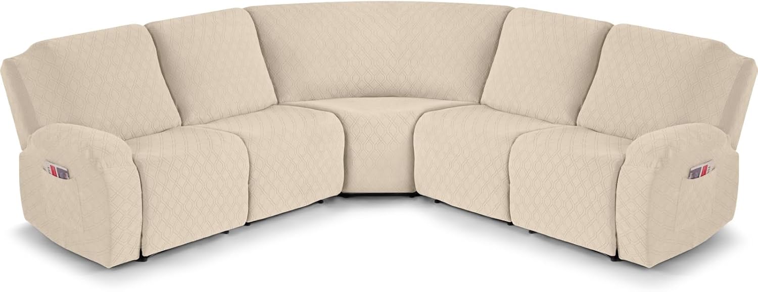 VANSOFY Extra Large Reclining Sectional Couch Covers, Washable 5-Piece Sofa Covers for L Shape Sectional Sofa Corner Seater, Thick, Soft Sofa Slipcovers (5 Seat Recliner Cover, Cream)