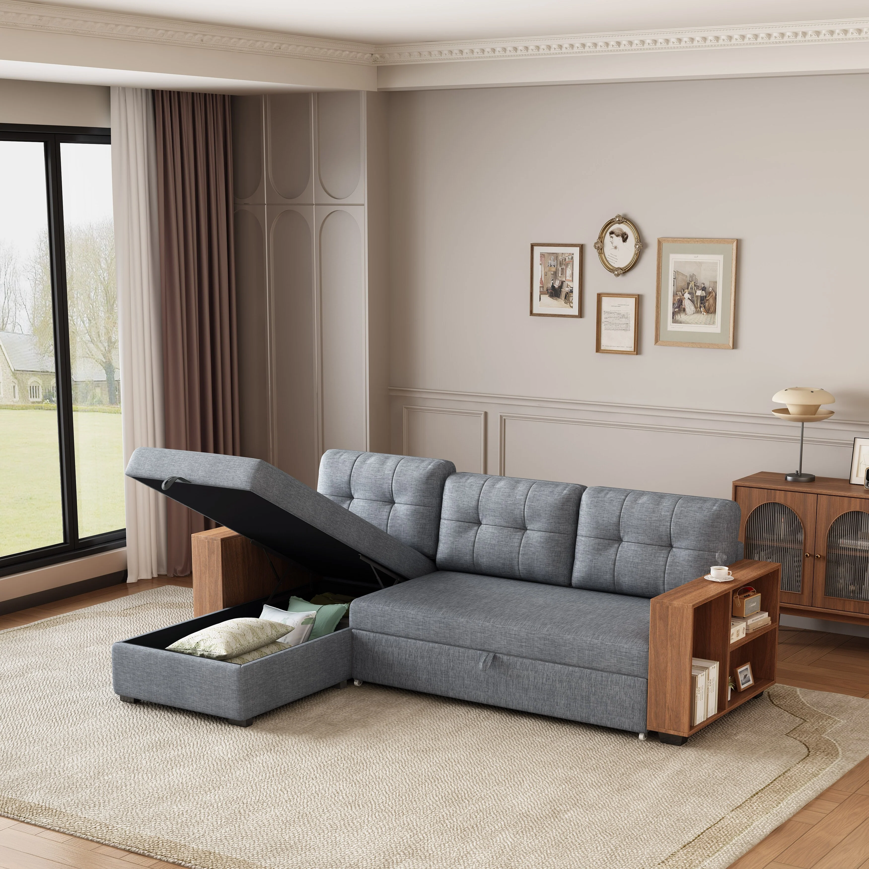 Grey 84'' Corner 3-Seat Sectional Sofa with Storage Chaise, Pull-Out Sleeper Feature and Wooden Armrests