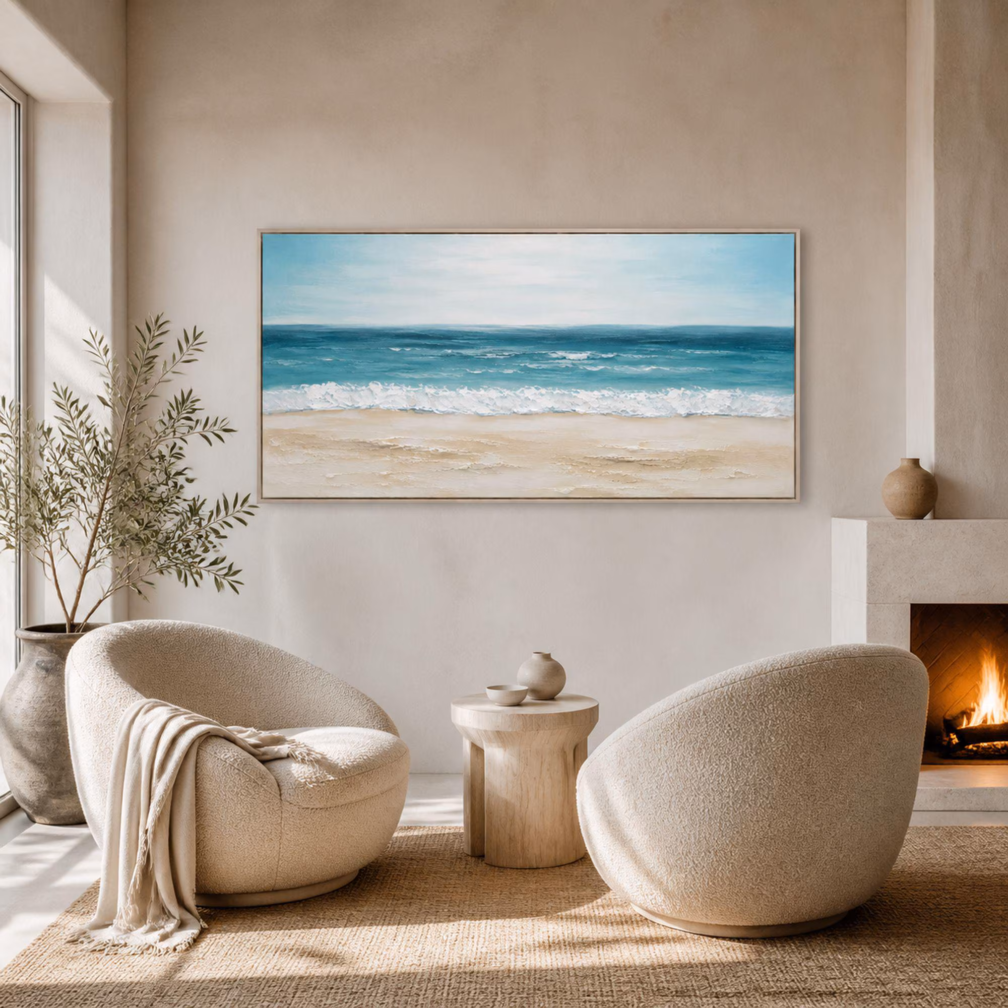 Turquoise Ocean Beach Art, Deep Teal Coastal Seascape, Panoramic Summer Decor