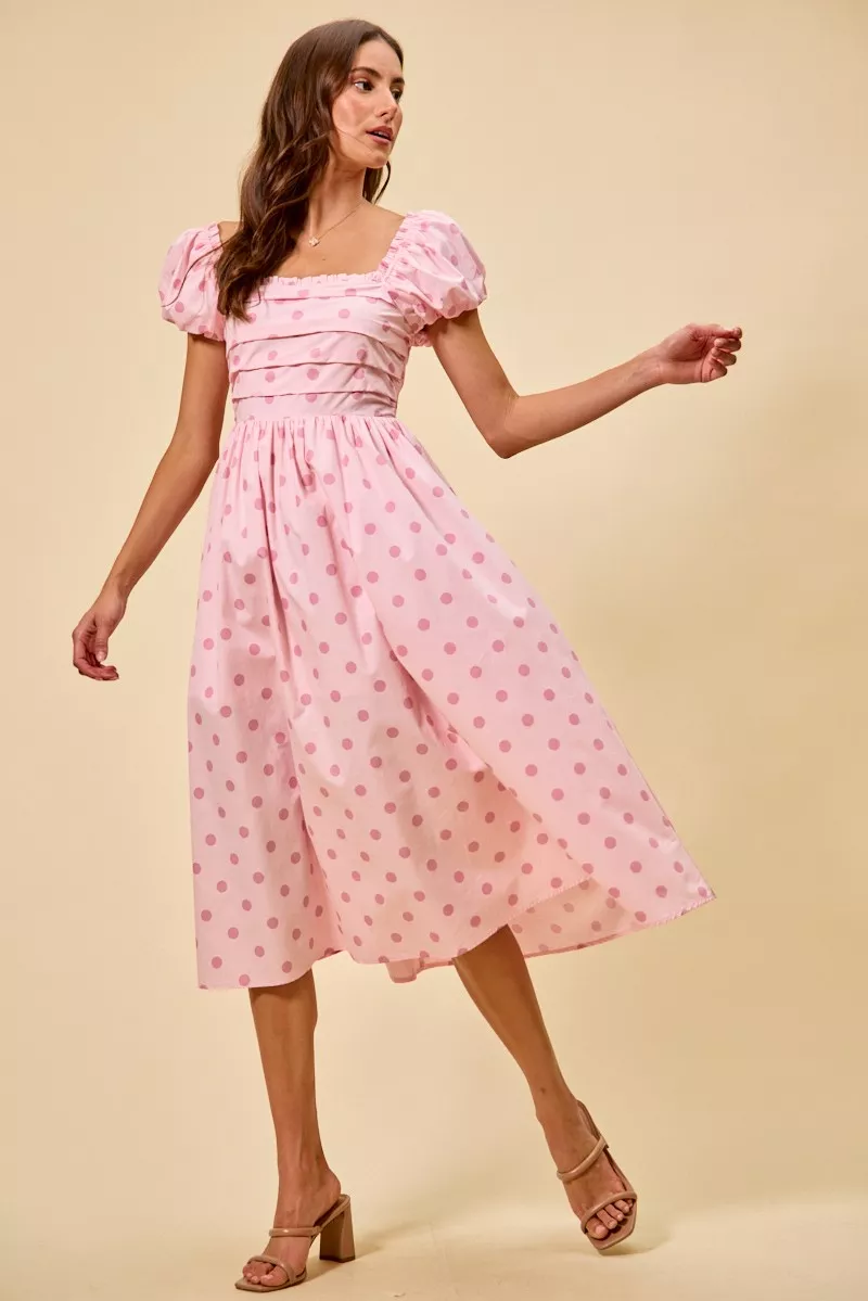 Polka Cotton Print Short Sleeves Midi Dress