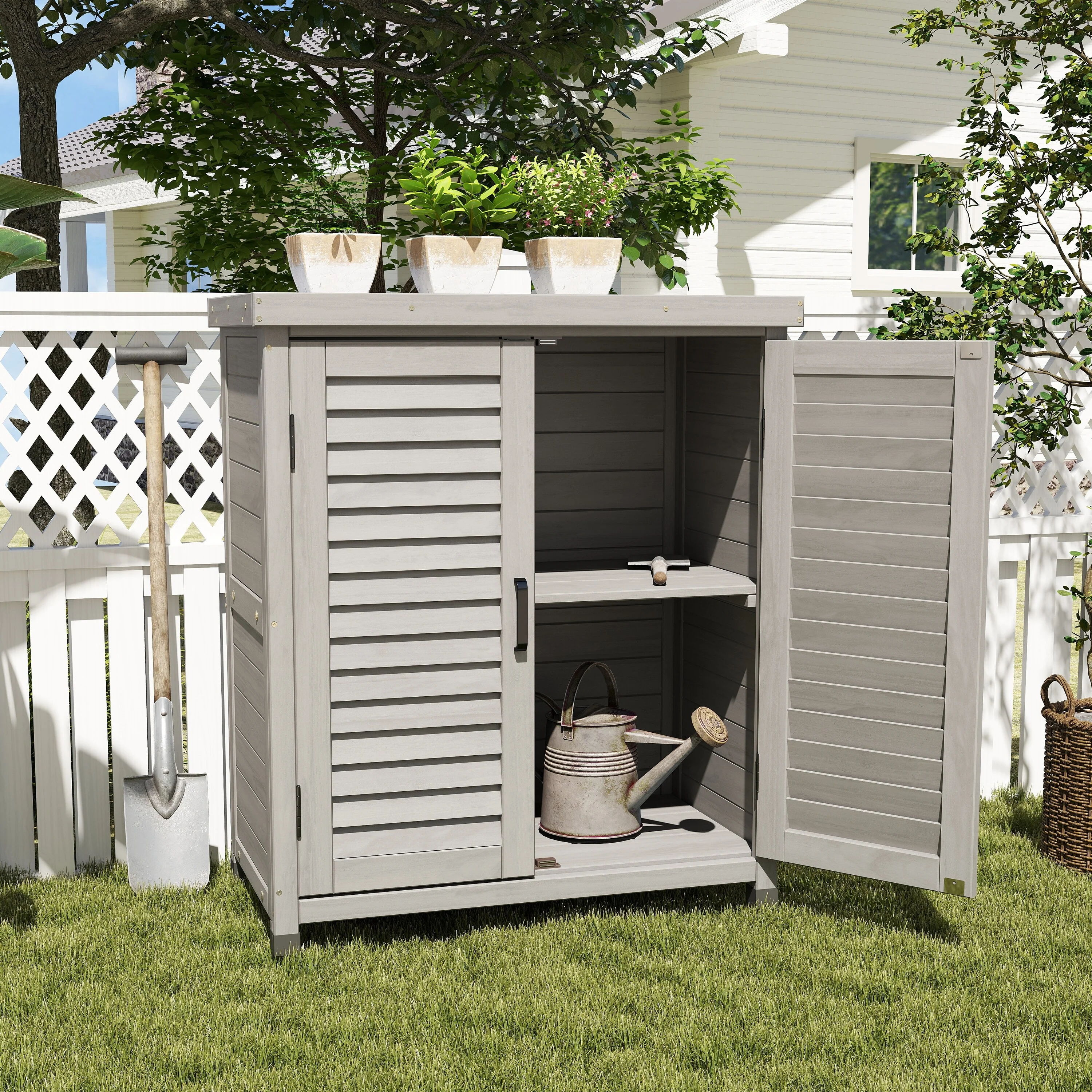 Outdoor Wooden Storage Shed with Waterproof Roof, Removable Shelves, Outside Tool Cabinet for Patio, Garden