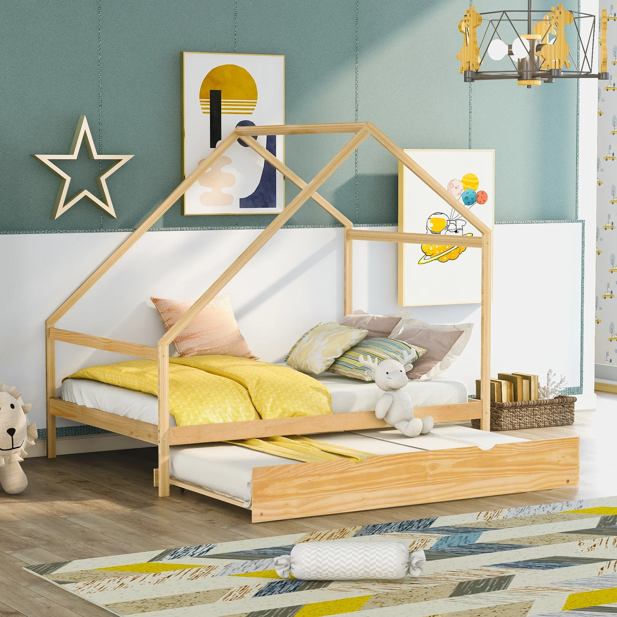Full Wooden House Bed with Trundle