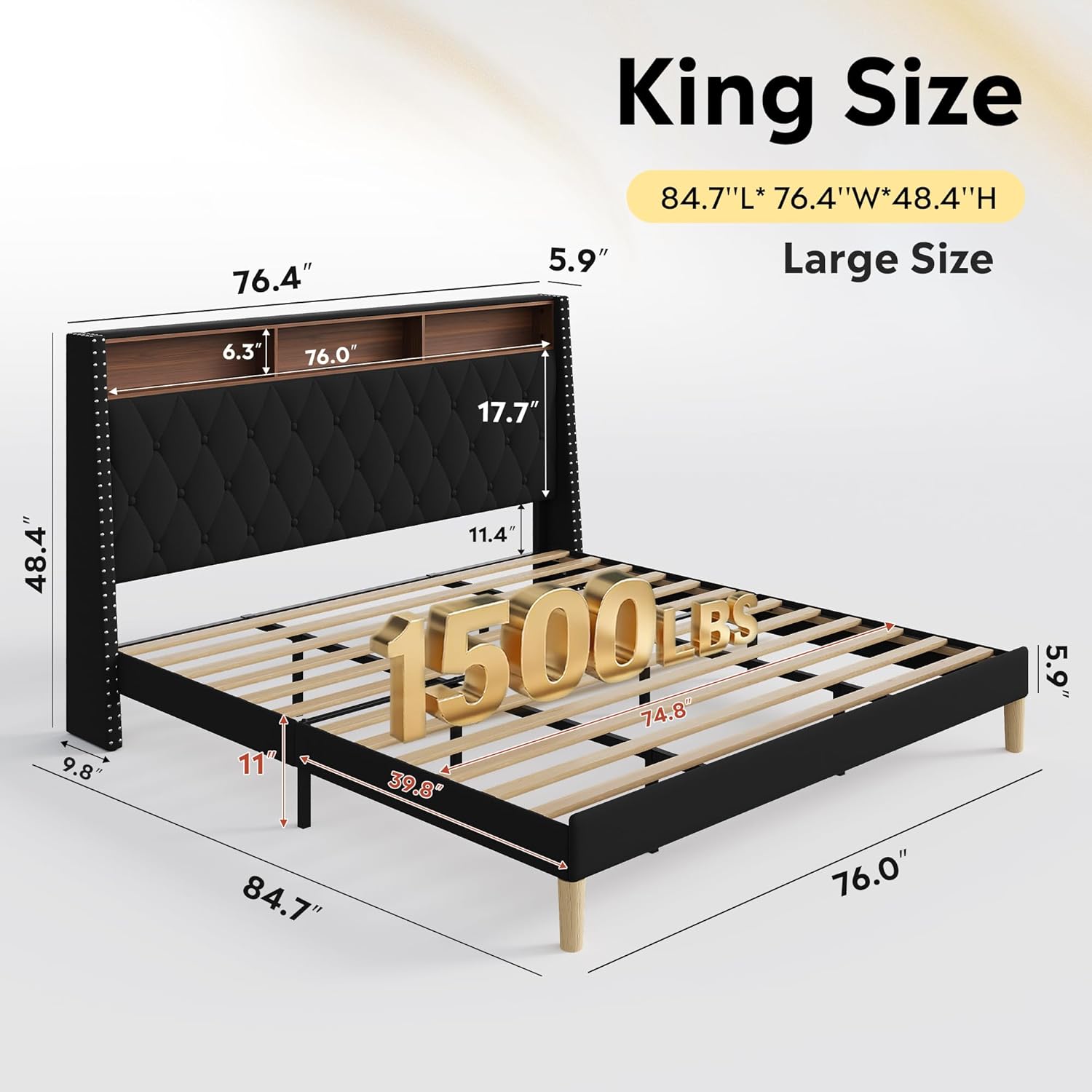 WLIVE King Size Upholstered Bed Frame with 48'' Tall Wingback Headboard, Velvet Square Tufted Platform Beds with Charging Station, Sturdy Metal & Wooden Slats Support, Black