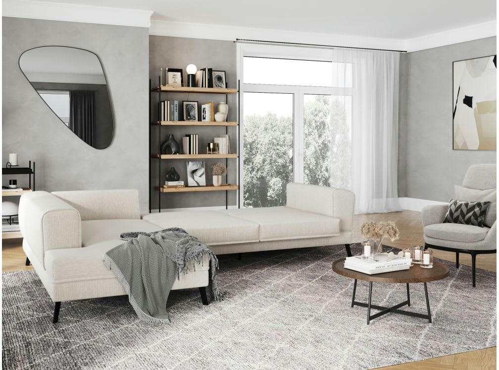 INDIA - Canapé d'angle gauche convertible 2 coffres en tissu - Beige