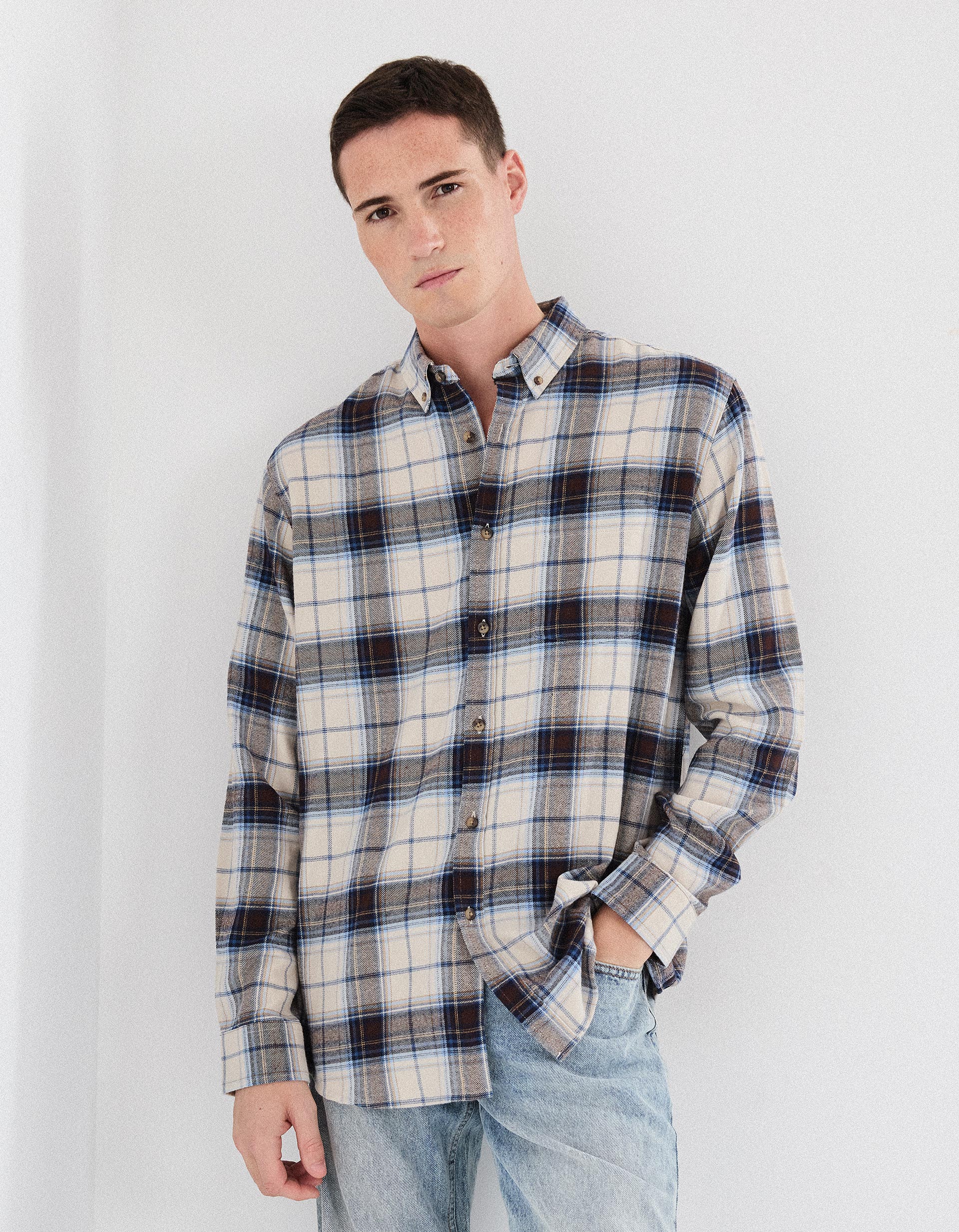 Camisa Flanela de Xadrez, Homem, Bege Claro
