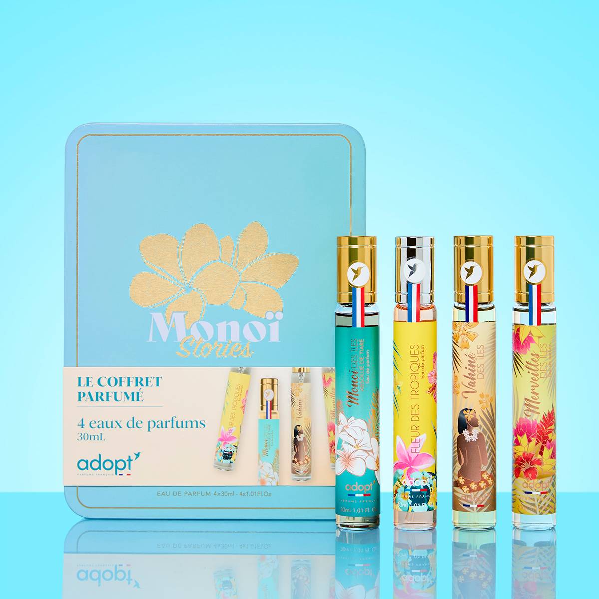 Monoi StoriesCoffret métal 4 eaux de parfum 30 ml Fleur des tropiques NP   Monoï des îles NP   Vahiné des îles   Merveille des îles