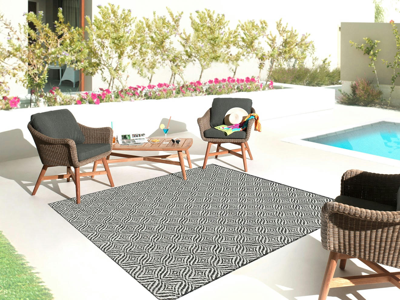 MOA - Tapis d'extérieur noir à motif blanc - 200x200