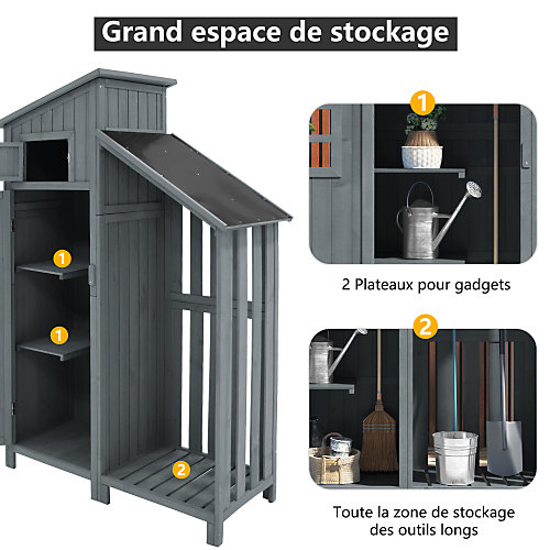 Abri de jardin en bois de sapin - remise à outils avec 2 étagères intégrées - H 174 cm - toit imperméable en PVC - Gris