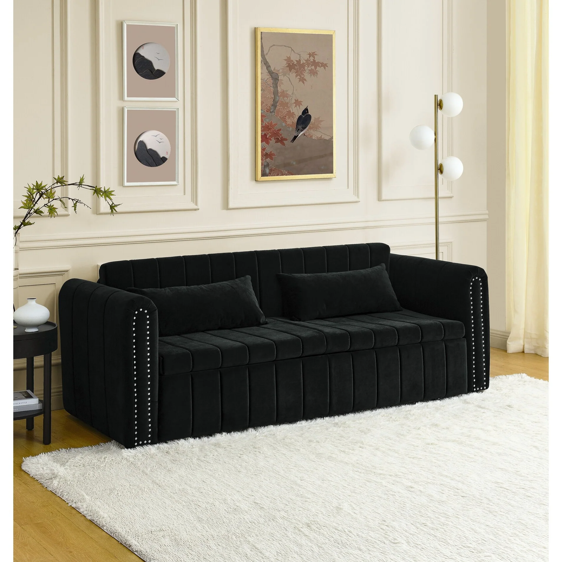 82.3'' Velvet 3 Seater Sofa with Rolled Arms, Pull-Out Queen Bed, Two Drawers and Two Pillows