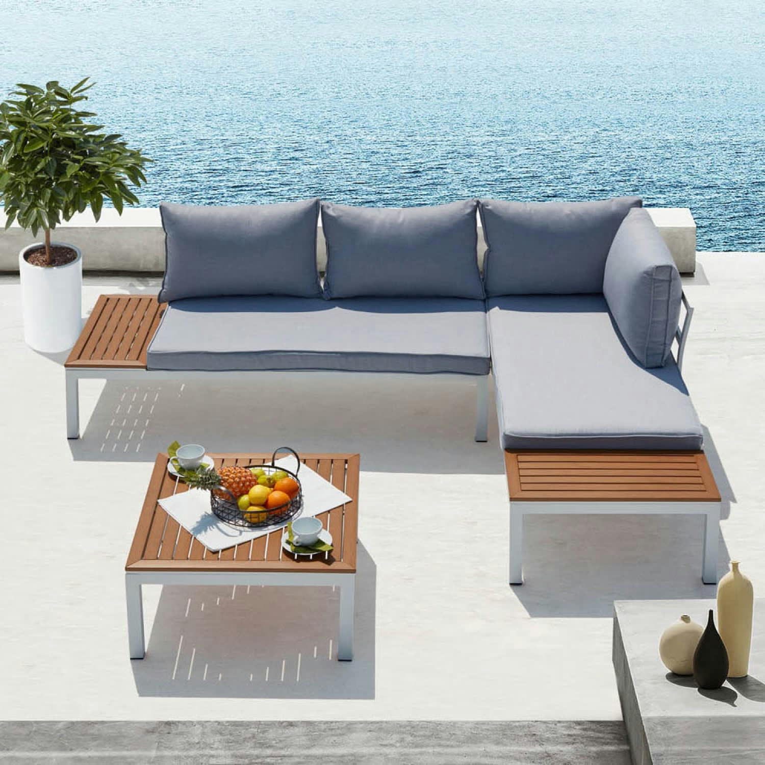 LOLEA - Salon de jardin 4 places en aluminium et acier blanc et gris