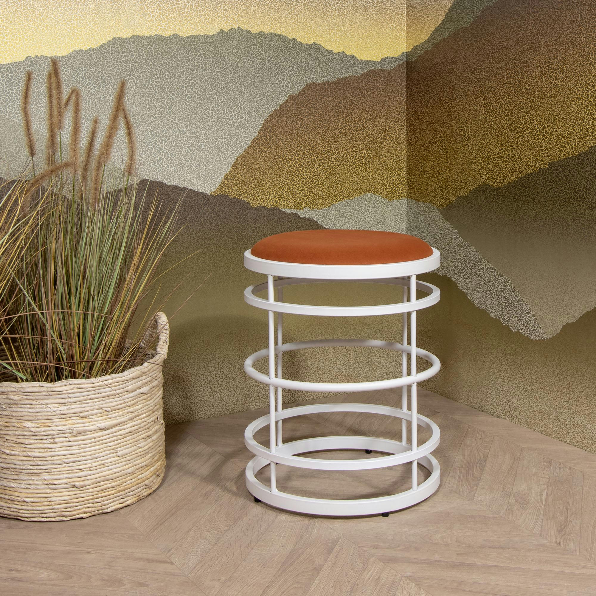TOMMY - Tabouret en métal blanc et assise en velours terracotta