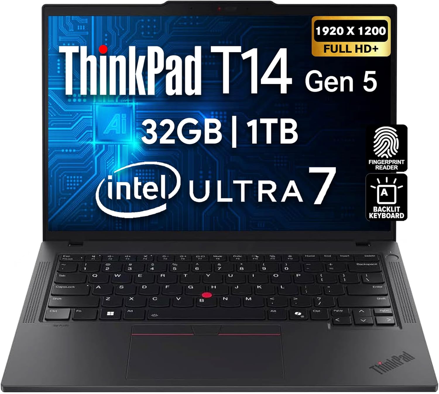 Lenovo ThinkPad T14 Gen 5 AI Business Laptop  14 FHD+ Display  Intel Ultra 7 155U  32GB DDR5 RAM  1TB SSD PCIe  Fingerprint  Backlit Keyboard  WiFi 6E + BT  RJ-45  HD Webcam  Win 11 Pro - Black