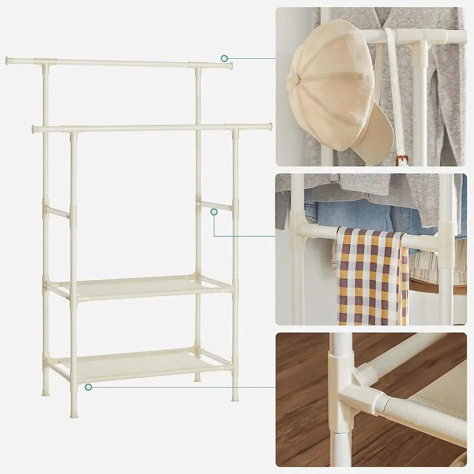 kledingrek, kapstok van metaal, met 2 kledingstangen, 1 plank