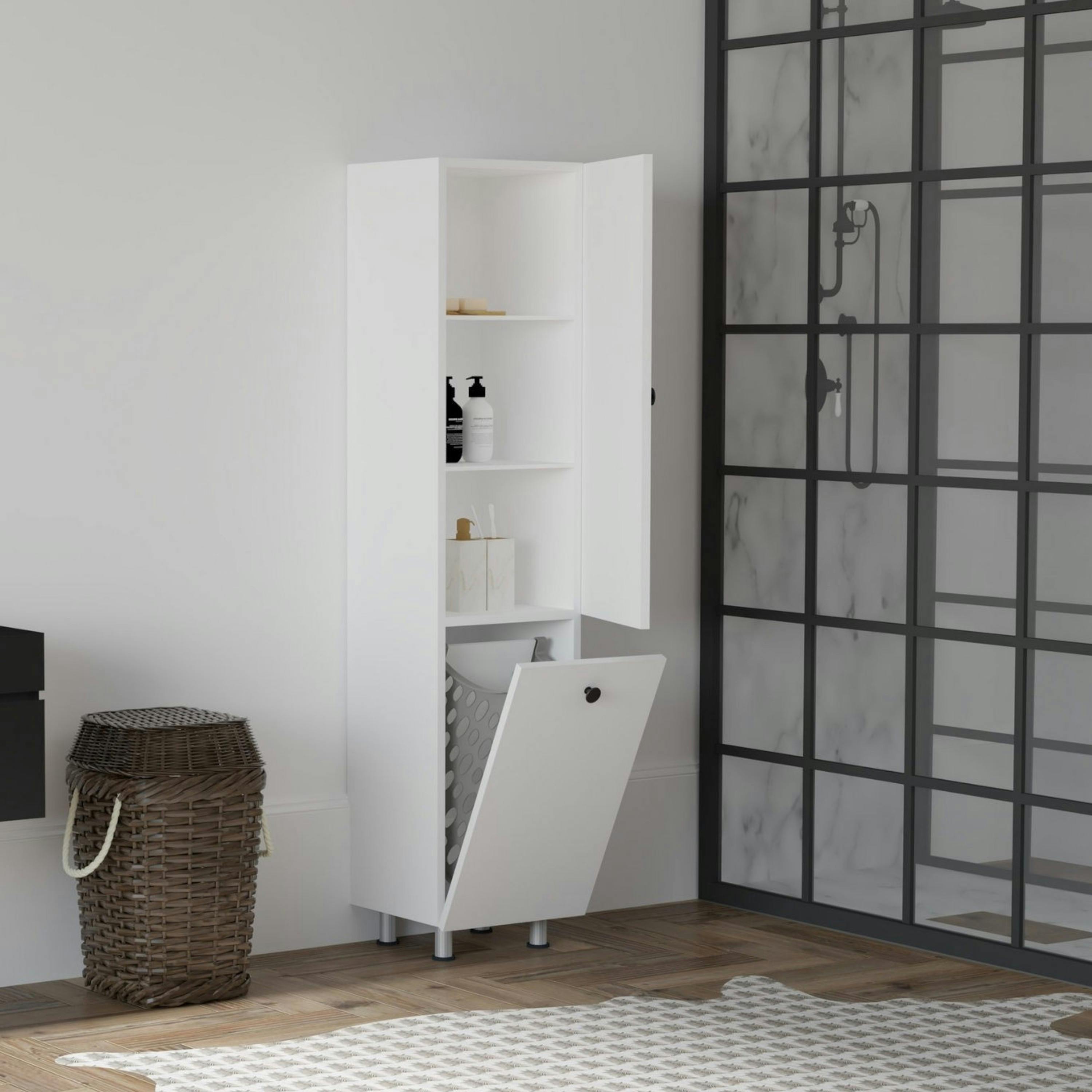Colonne salle de bains blanche, porte & panier linge MARFA