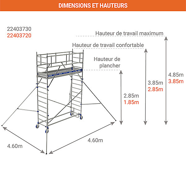 Echafaudage roulant en aluminium - Hauteur de travail max 4.85m - 22403730