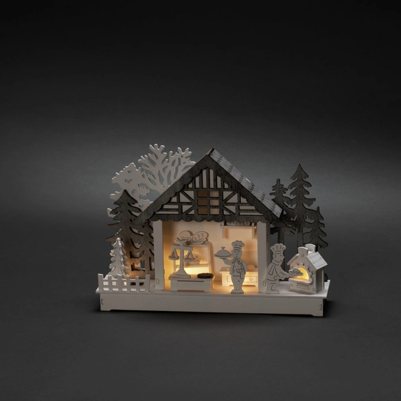 LED-Dekoration, Holzsilhouette Haus und Bäckerei, Batteriebetrieb, weiß