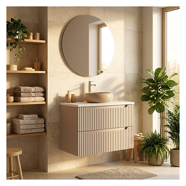 Ensemble VANO cachemire et blanc 80cm : meuble sous vasque à tiroirs et plan pour vasque et vasque à poser ronde marron cappuccino