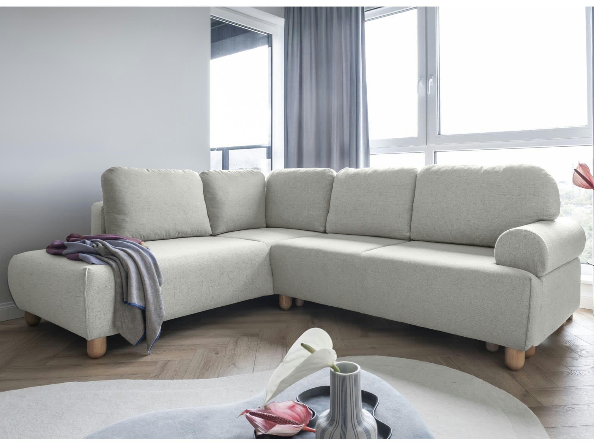 OLLI - Canapé d'angle gauche convertible 5 places en tissu beige