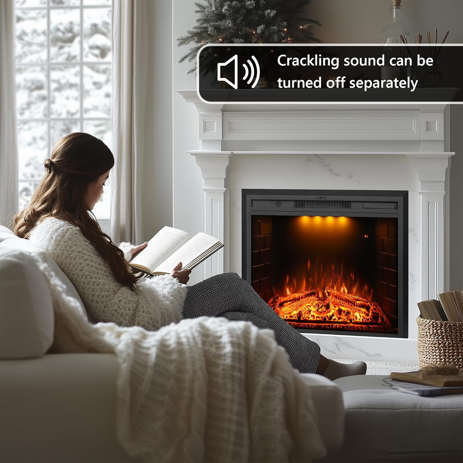36 inch Electric Fireplace, Wall Fireplace Electric with Remote Control, Realistic Log and Crackling Sound, Overheating Protection and Timer, 750/1500W Black